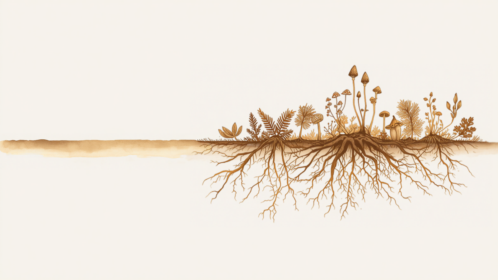 Illustration of ferns, small plants and mushrooms growing along a line of soil, with their roots spreading and joining beneath it.