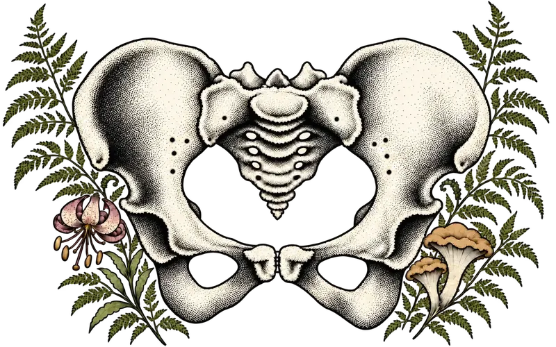 A hand-drawn pelvis framed by ferns, a speckled lily and chanterelle mushrooms
