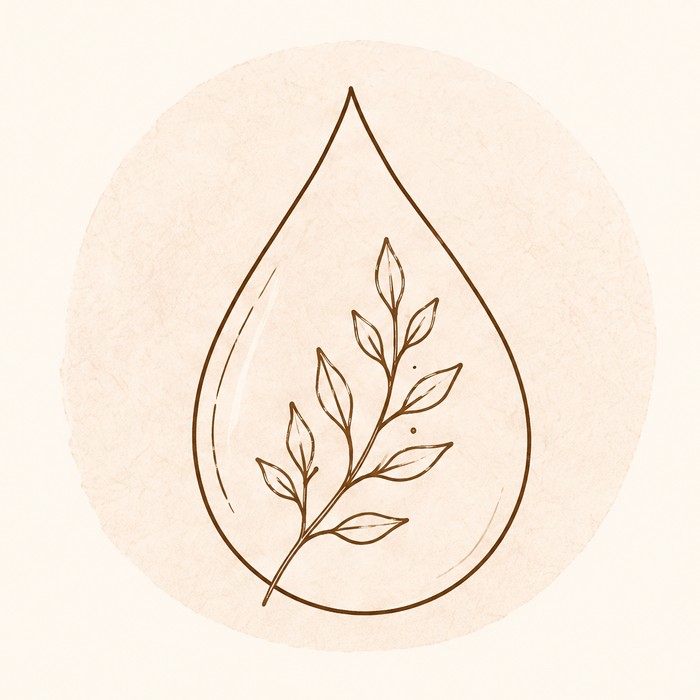 Illustration of a water droplet with a leafy sprig inside