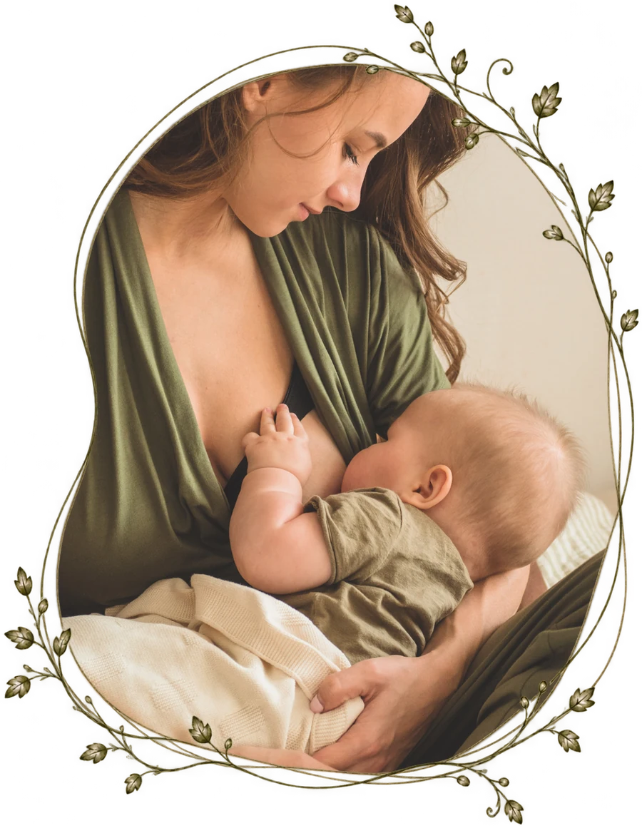 A mother nursing her baby, framed in a decorative vine wreath