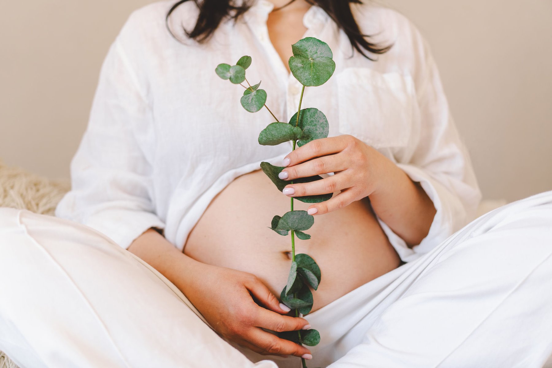 A pregnant person holding a sprig of eucalyptus against their belly