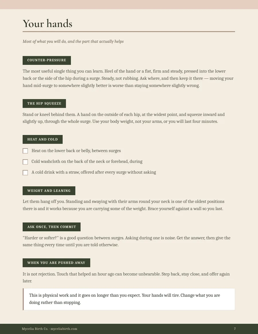 Page titled Your hands, on counter-pressure, the hip squeeze, heat and cold