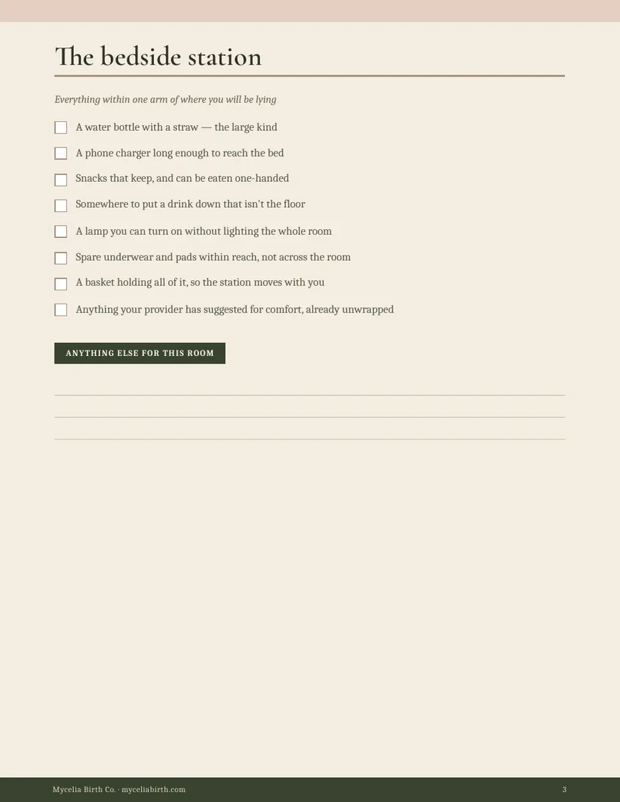 Checklist page: the bedside station, with tick boxes and space to write