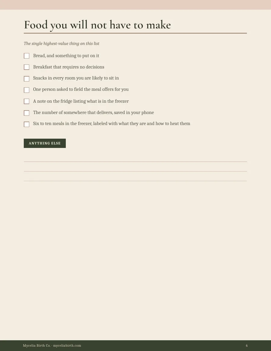 Checklist page: food you will not have to make
