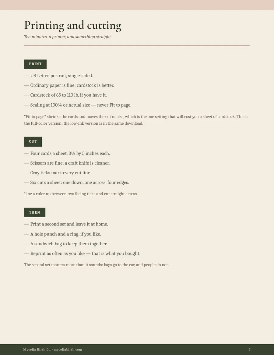 Page of printing and cutting instructions, with three short checklists