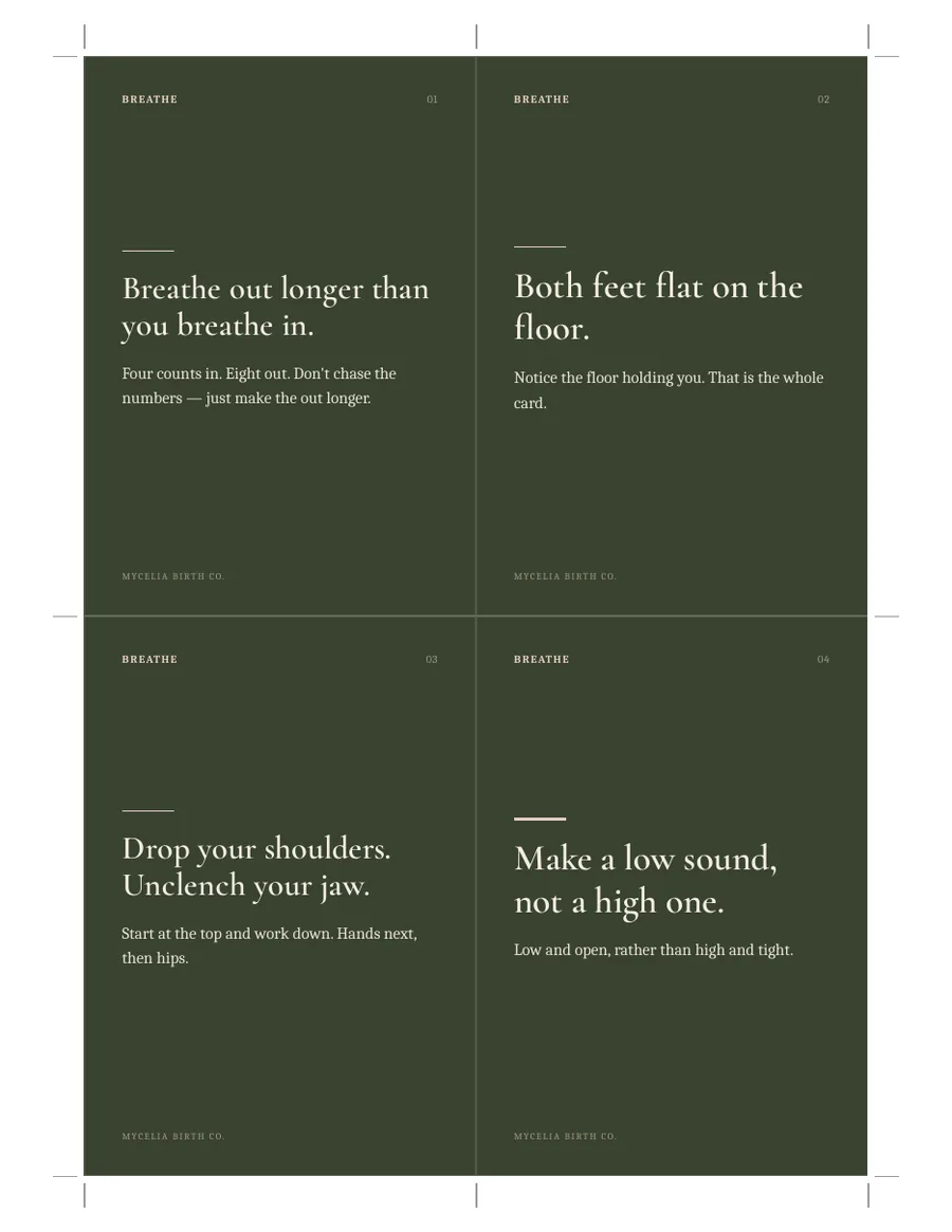 A printed sheet of four cards ready to cut out, with crop marks in the margins