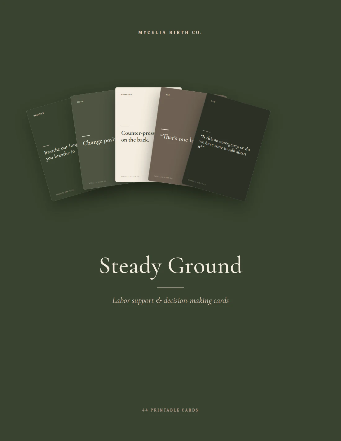 Five Steady Ground cards fanned out in forest, sage, cream, taupe and near-black