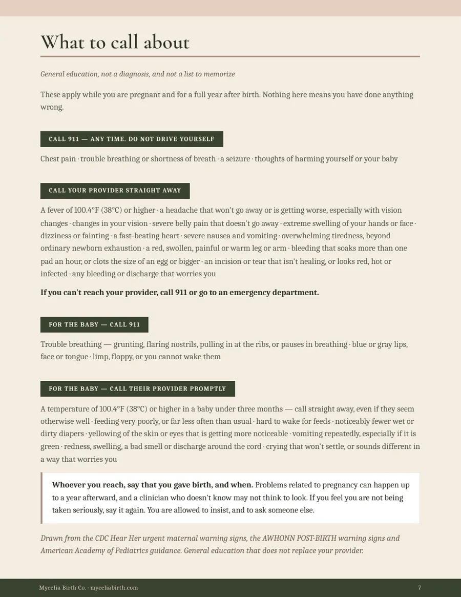 Page titled What to call about, listing warning signs for the parent and the baby